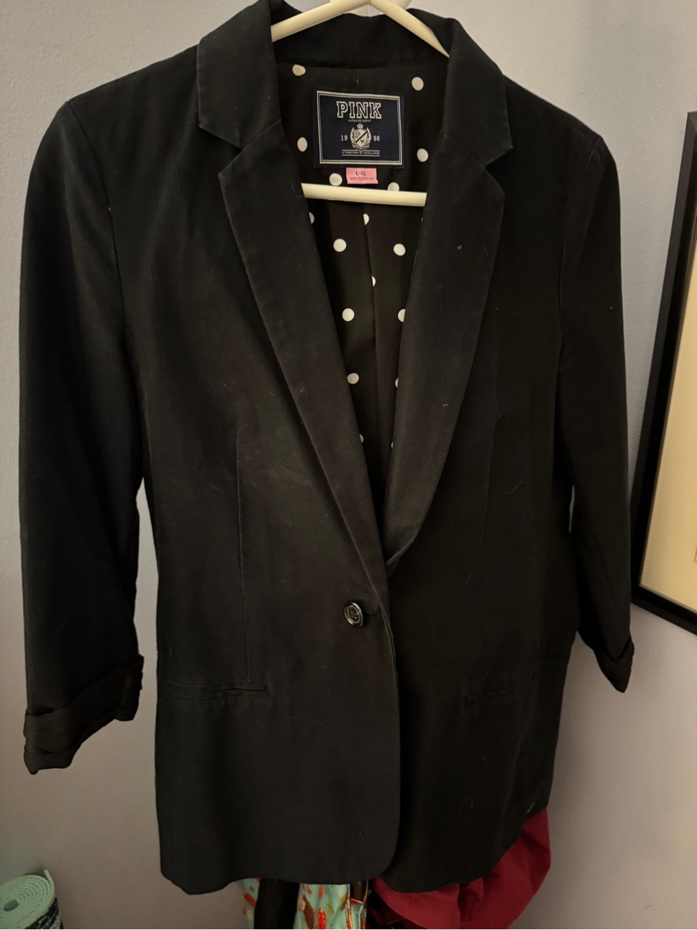 PINK Victoria's Secret Black Single-Button Blazer with Polka Dot Lining